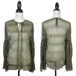 Romance Was Born | Gold & Black Metallic Sheer Tie Neck Long Bell Sleeve Blouse